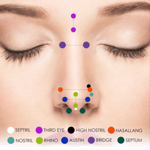 Schema dei diversi tipi di piercing al naso: septum, nostril, bridge, rhino, nasallang, third eye, high nostril e altri.